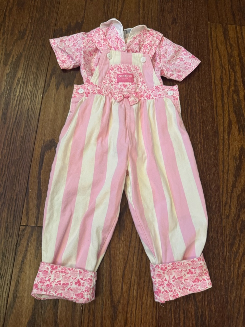 RARE Vintage Oshkosh Floral Striped Pink & White Overalls With Matching Shirt